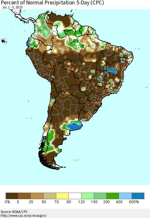 South America Percent of Normal Precipitation 5-Day (CPC) Thematic Map For 7/1/2023 - 7/5/2023