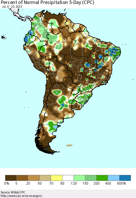 South America Percent of Normal Precipitation 5-Day (CPC) Thematic Map For 7/6/2023 - 7/10/2023