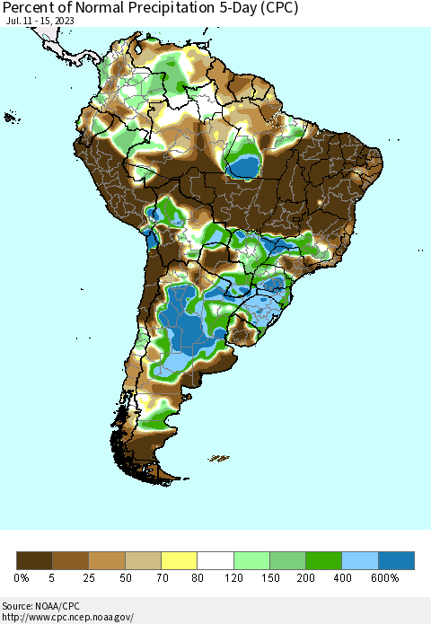 South America Percent of Normal Precipitation 5-Day (CPC) Thematic Map For 7/11/2023 - 7/15/2023