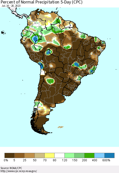 South America Percent of Normal Precipitation 5-Day (CPC) Thematic Map For 7/16/2023 - 7/20/2023