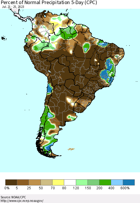 South America Percent of Normal Precipitation 5-Day (CPC) Thematic Map For 7/21/2023 - 7/25/2023