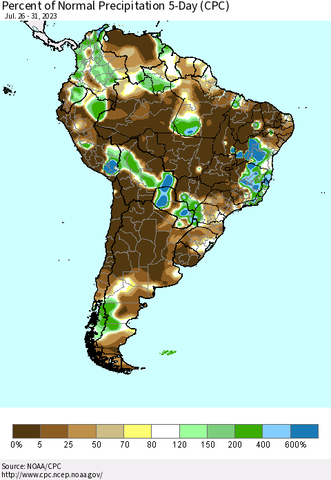 South America Percent of Normal Precipitation 5-Day (CPC) Thematic Map For 7/26/2023 - 7/31/2023