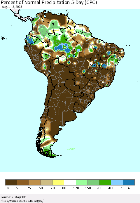 South America Percent of Normal Precipitation 5-Day (CPC) Thematic Map For 8/1/2023 - 8/5/2023