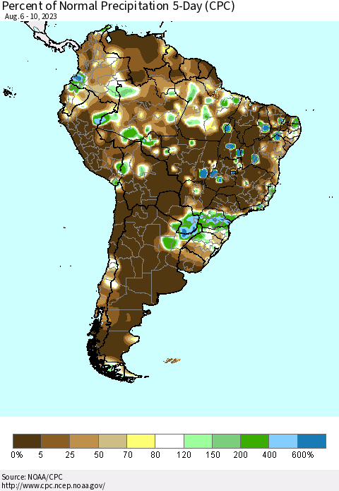 South America Percent of Normal Precipitation 5-Day (CPC) Thematic Map For 8/6/2023 - 8/10/2023