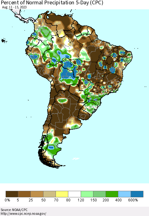 South America Percent of Normal Precipitation 5-Day (CPC) Thematic Map For 8/11/2023 - 8/15/2023