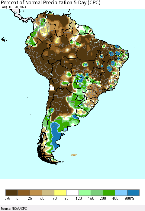 South America Percent of Normal Precipitation 5-Day (CPC) Thematic Map For 8/16/2023 - 8/20/2023