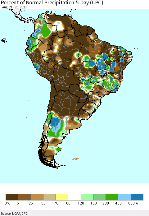 South America Percent of Normal Precipitation 5-Day (CPC) Thematic Map For 8/21/2023 - 8/25/2023