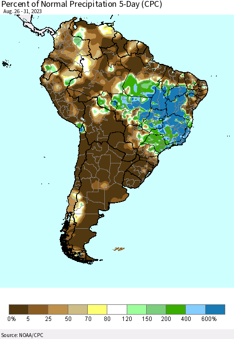 South America Percent of Normal Precipitation 5-Day (CPC) Thematic Map For 8/26/2023 - 8/31/2023