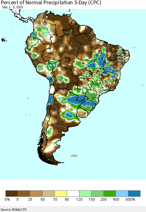 South America Percent of Normal Precipitation 5-Day (CPC) Thematic Map For 9/1/2023 - 9/5/2023
