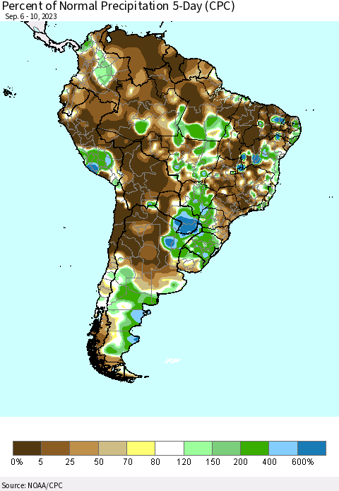 South America Percent of Normal Precipitation 5-Day (CPC) Thematic Map For 9/6/2023 - 9/10/2023