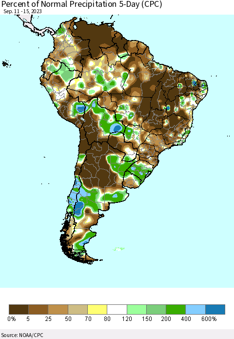 South America Percent of Normal Precipitation 5-Day (CPC) Thematic Map For 9/11/2023 - 9/15/2023