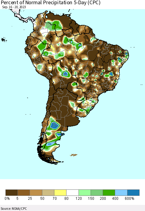 South America Percent of Normal Precipitation 5-Day (CPC) Thematic Map For 9/16/2023 - 9/20/2023