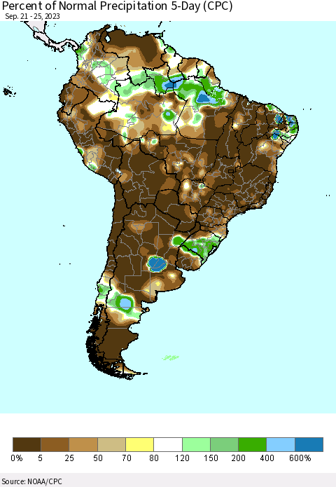 South America Percent of Normal Precipitation 5-Day (CPC) Thematic Map For 9/21/2023 - 9/25/2023