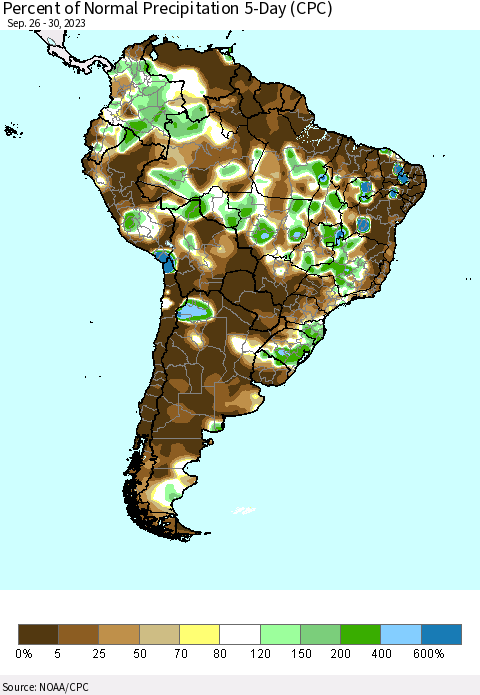 South America Percent of Normal Precipitation 5-Day (CPC) Thematic Map For 9/26/2023 - 9/30/2023