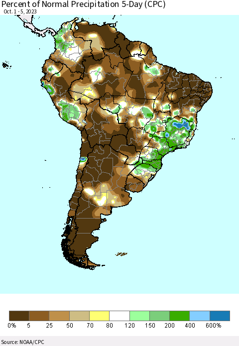 South America Percent of Normal Precipitation 5-Day (CPC) Thematic Map For 10/1/2023 - 10/5/2023