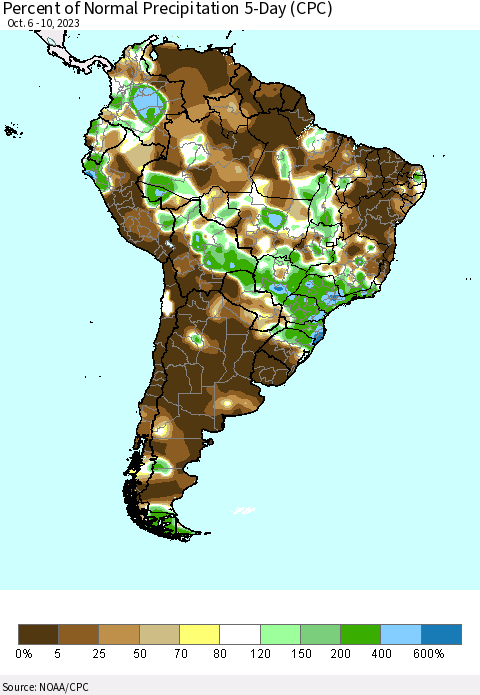 South America Percent of Normal Precipitation 5-Day (CPC) Thematic Map For 10/6/2023 - 10/10/2023