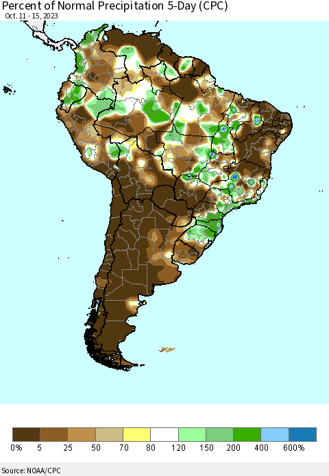 South America Percent of Normal Precipitation 5-Day (CPC) Thematic Map For 10/11/2023 - 10/15/2023