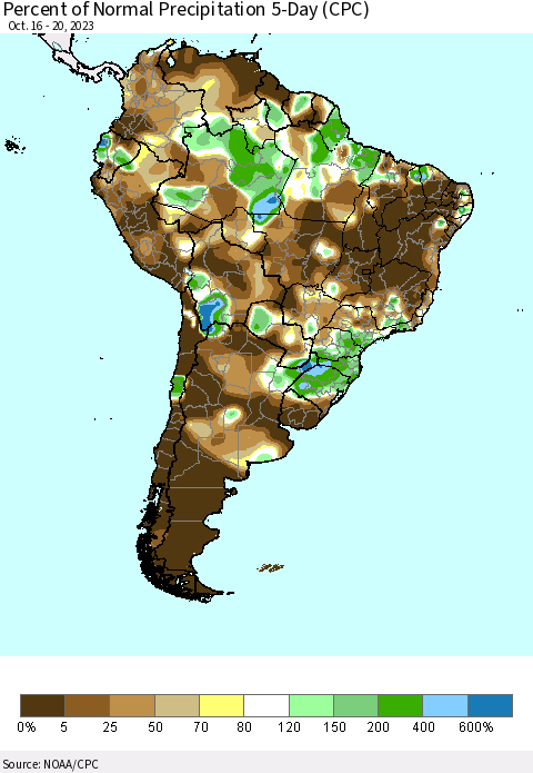 South America Percent of Normal Precipitation 5-Day (CPC) Thematic Map For 10/16/2023 - 10/20/2023