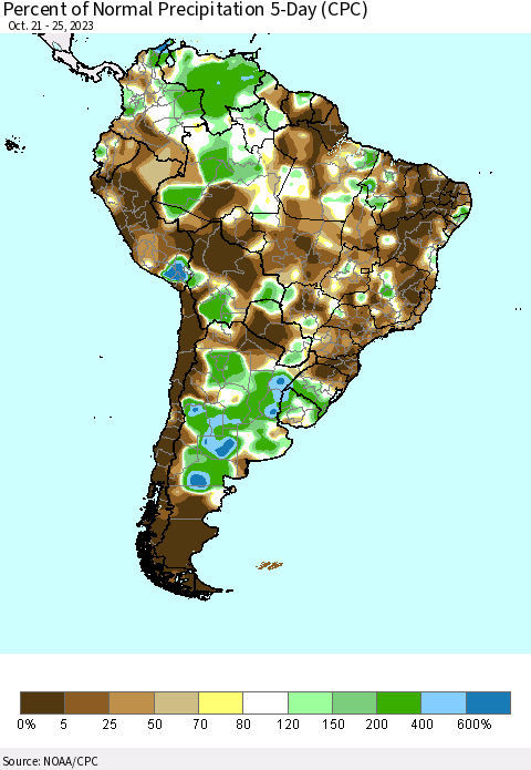 South America Percent of Normal Precipitation 5-Day (CPC) Thematic Map For 10/21/2023 - 10/25/2023