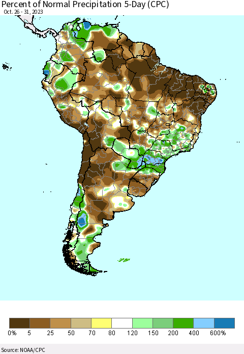 South America Percent of Normal Precipitation 5-Day (CPC) Thematic Map For 10/26/2023 - 10/31/2023