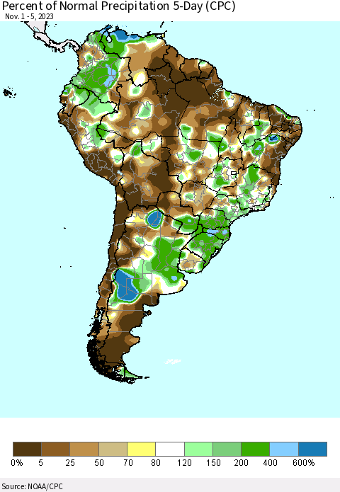 South America Percent of Normal Precipitation 5-Day (CPC) Thematic Map For 11/1/2023 - 11/5/2023