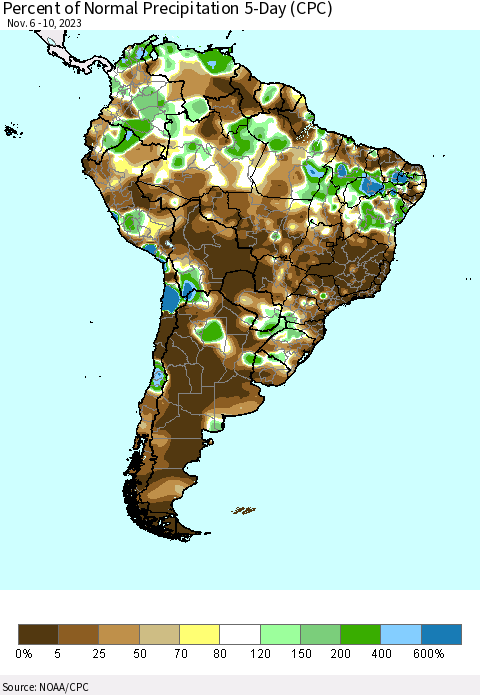 South America Percent of Normal Precipitation 5-Day (CPC) Thematic Map For 11/6/2023 - 11/10/2023