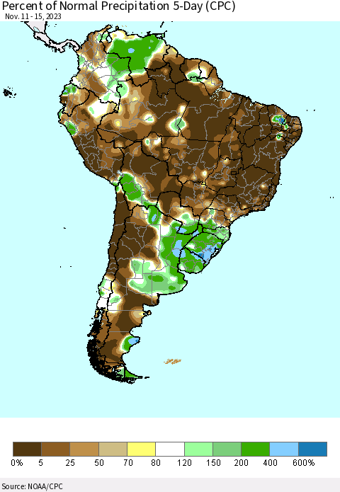 South America Percent of Normal Precipitation 5-Day (CPC) Thematic Map For 11/11/2023 - 11/15/2023