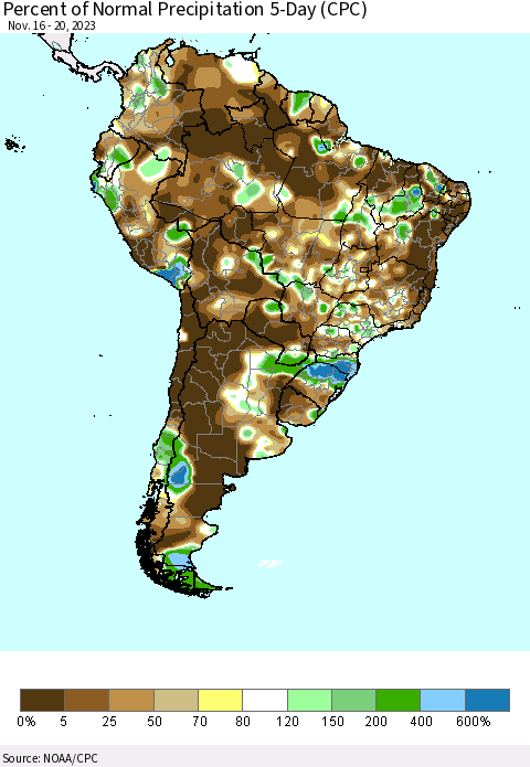 South America Percent of Normal Precipitation 5-Day (CPC) Thematic Map For 11/16/2023 - 11/20/2023