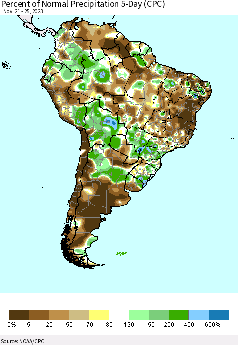 South America Percent of Normal Precipitation 5-Day (CPC) Thematic Map For 11/21/2023 - 11/25/2023