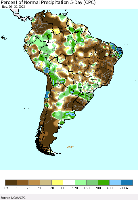 South America Percent of Normal Precipitation 5-Day (CPC) Thematic Map For 11/26/2023 - 11/30/2023