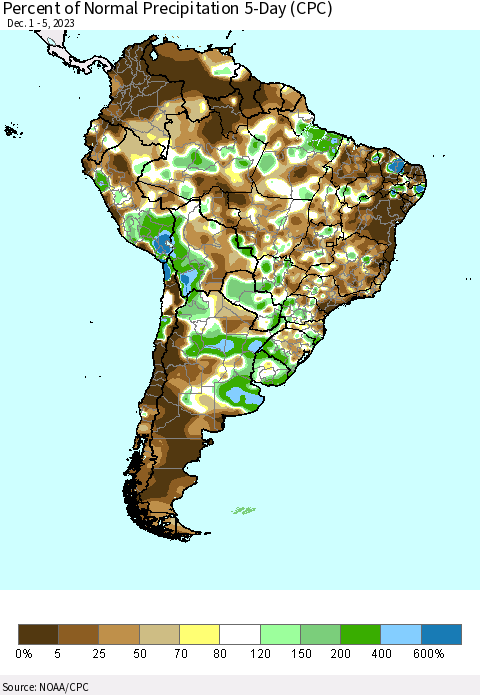 South America Percent of Normal Precipitation 5-Day (CPC) Thematic Map For 12/1/2023 - 12/5/2023