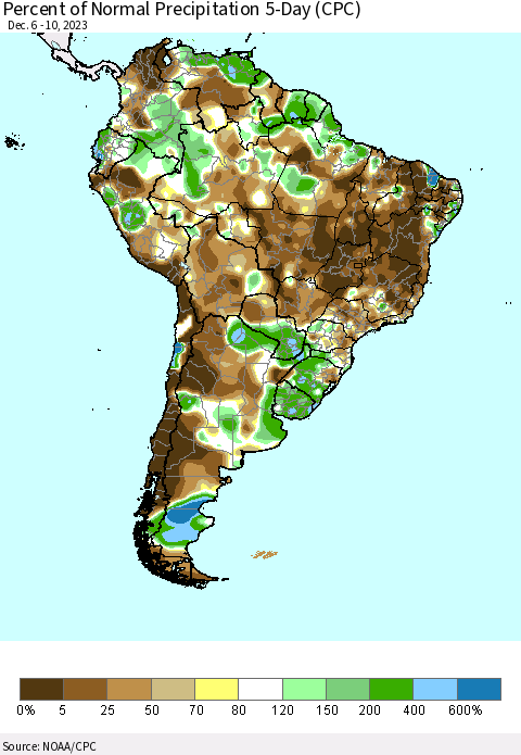 South America Percent of Normal Precipitation 5-Day (CPC) Thematic Map For 12/6/2023 - 12/10/2023