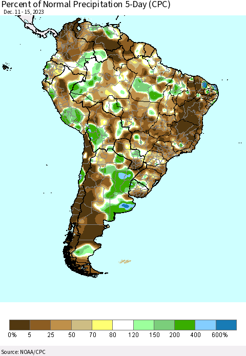 South America Percent of Normal Precipitation 5-Day (CPC) Thematic Map For 12/11/2023 - 12/15/2023