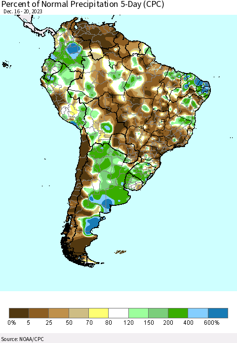 South America Percent of Normal Precipitation 5-Day (CPC) Thematic Map For 12/16/2023 - 12/20/2023