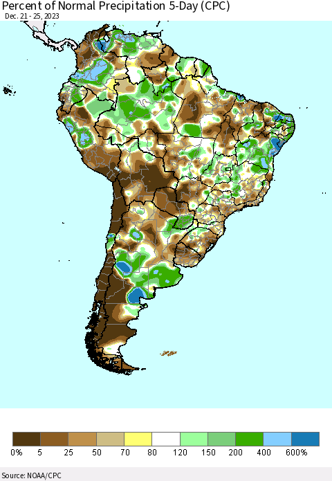 South America Percent of Normal Precipitation 5-Day (CPC) Thematic Map For 12/21/2023 - 12/25/2023