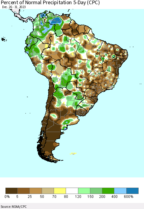 South America Percent of Normal Precipitation 5-Day (CPC) Thematic Map For 12/26/2023 - 12/31/2023