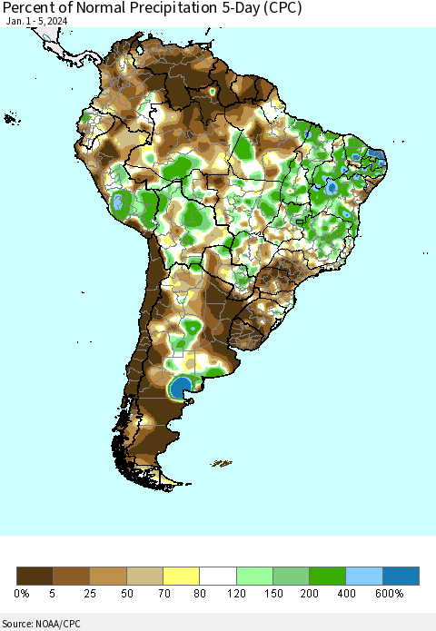South America Percent of Normal Precipitation 5-Day (CPC) Thematic Map For 1/1/2024 - 1/5/2024