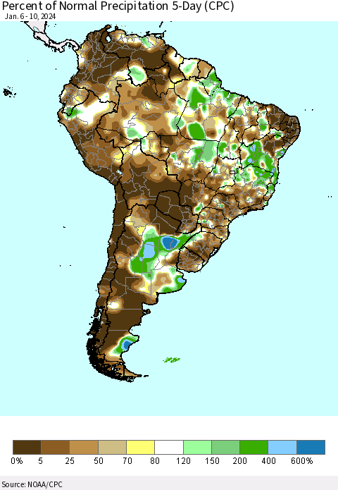South America Percent of Normal Precipitation 5-Day (CPC) Thematic Map For 1/6/2024 - 1/10/2024