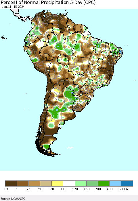 South America Percent of Normal Precipitation 5-Day (CPC) Thematic Map For 1/11/2024 - 1/15/2024