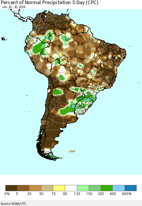 South America Percent of Normal Precipitation 5-Day (CPC) Thematic Map For 1/16/2024 - 1/20/2024