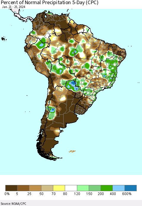 South America Percent of Normal Precipitation 5-Day (CPC) Thematic Map For 1/21/2024 - 1/25/2024