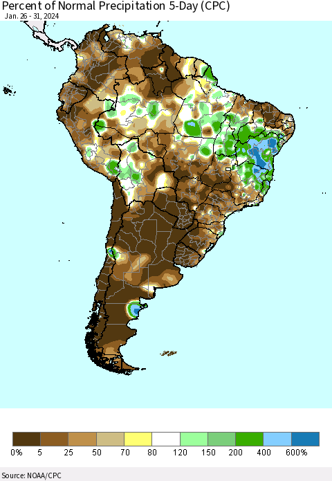 South America Percent of Normal Precipitation 5-Day (CPC) Thematic Map For 1/26/2024 - 1/31/2024
