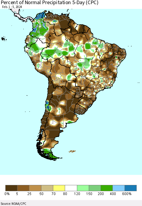 South America Percent of Normal Precipitation 5-Day (CPC) Thematic Map For 2/1/2024 - 2/5/2024