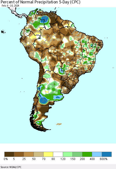 South America Percent of Normal Precipitation 5-Day (CPC) Thematic Map For 2/6/2024 - 2/10/2024