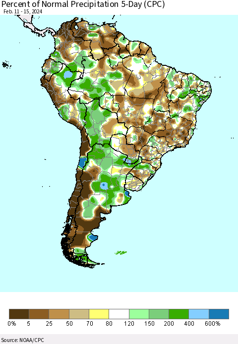South America Percent of Normal Precipitation 5-Day (CPC) Thematic Map For 2/11/2024 - 2/15/2024