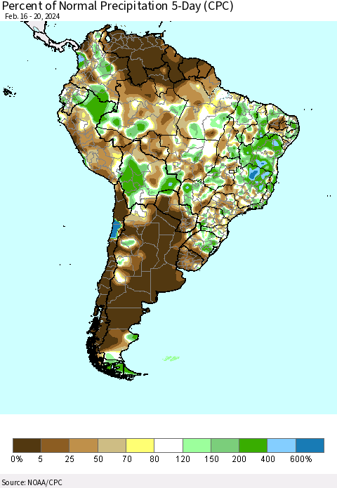 South America Percent of Normal Precipitation 5-Day (CPC) Thematic Map For 2/16/2024 - 2/20/2024