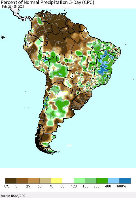 South America Percent of Normal Precipitation 5-Day (CPC) Thematic Map For 2/21/2024 - 2/25/2024