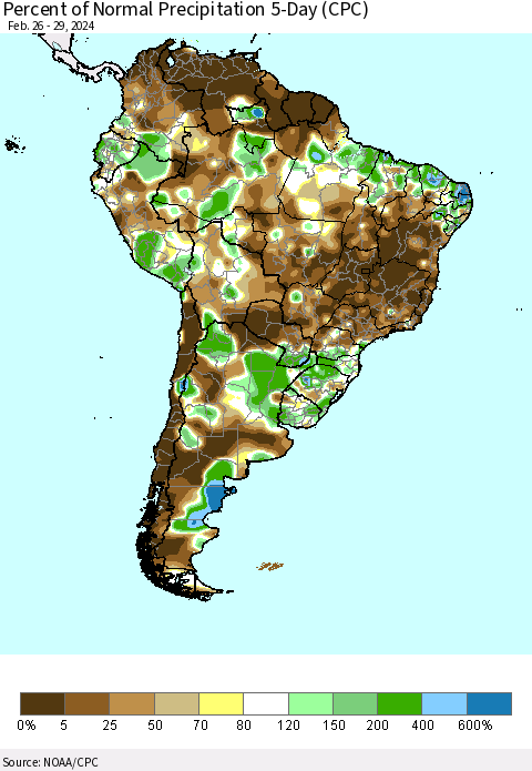 South America Percent of Normal Precipitation 5-Day (CPC) Thematic Map For 2/26/2024 - 2/29/2024