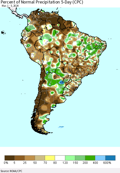 South America Percent of Normal Precipitation 5-Day (CPC) Thematic Map For 3/1/2024 - 3/5/2024