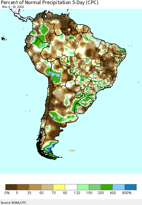South America Percent of Normal Precipitation 5-Day (CPC) Thematic Map For 3/6/2024 - 3/10/2024